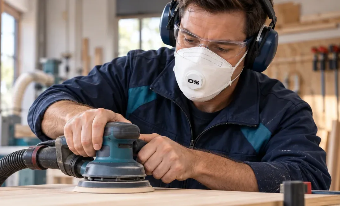 Beschäftigter beim Schleifen von Holz mit FFP-Einwegmaske mit Ventil, Schutzbrille und Kapselgehörschutz