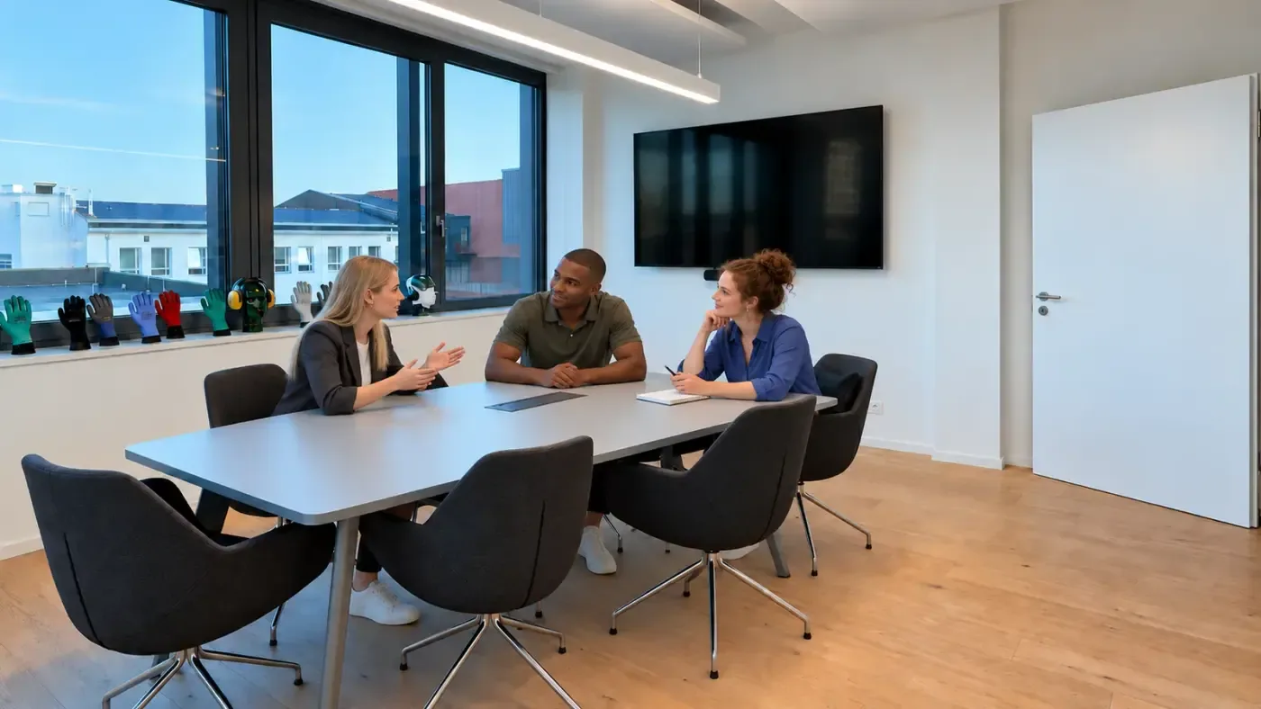 Drei KI-generierte Personen im Gespräch am Besprechungstisch, auf der Fensterbank stehen Schutzhandschuhe