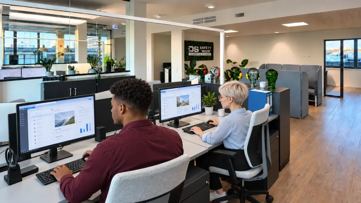 Zwei KI-generierte Personen arbeiten an Bildschirmen im hellen Büro von DS SafetyWear