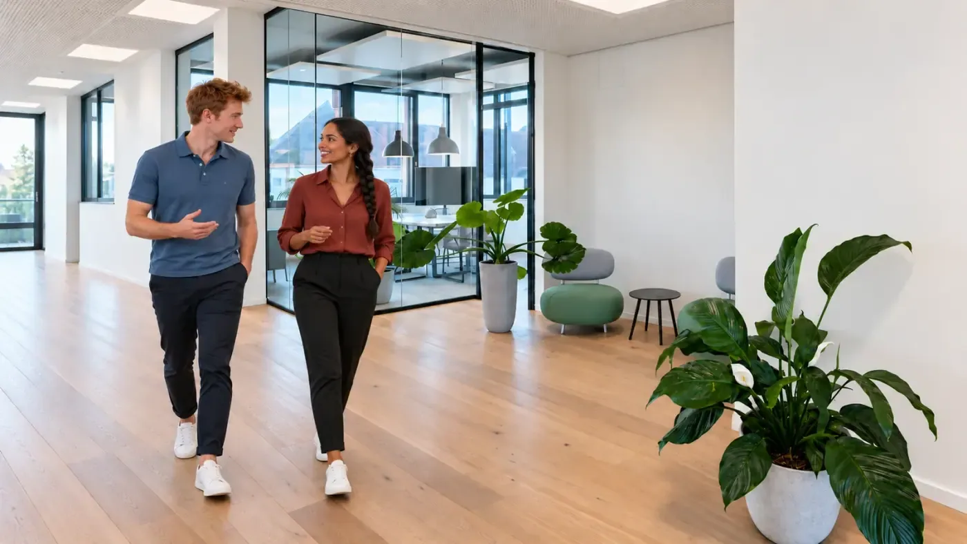 Zwei KI-generierte Personen gehen durch einen Flur mit Pflanzen im Büro von DS SafetyWear