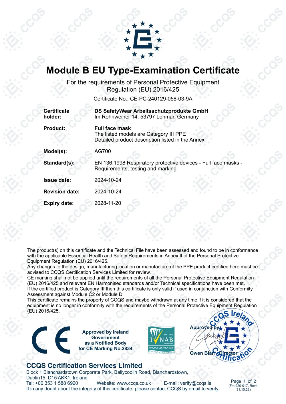 Module B EU Type-Examination Certificate CE-PC-240129-058-03-9A der CCQS Certification Services Limited für die Vollmaske AG700 nach EN 136:1998, gültig bis 20.11.2028