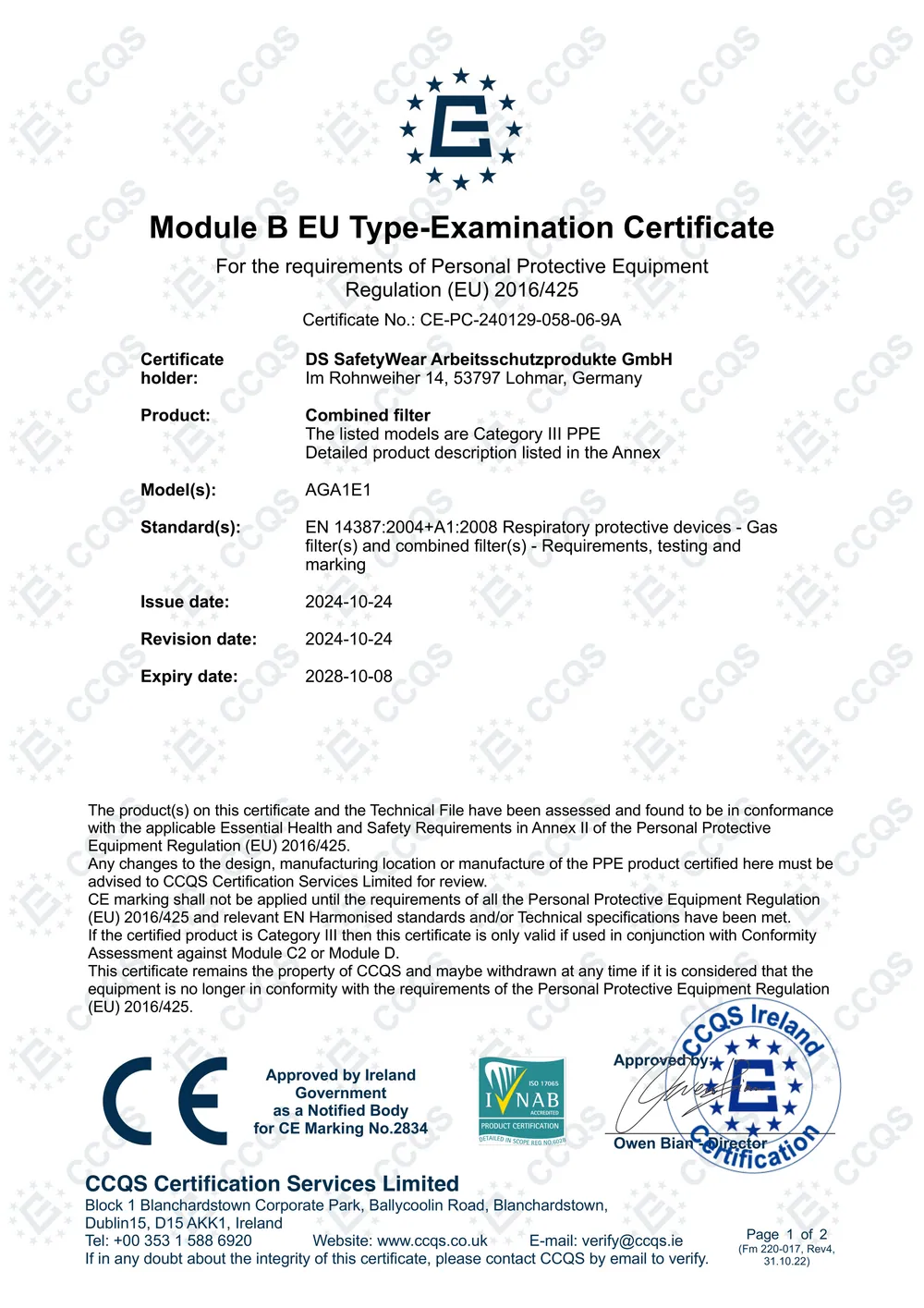 Module B EU Type-Examination Certificate CE-PC-240129-058-06-9A der CCQS Certification Services Limited für den Kombifilter AGA1E1 nach EN 14387:2004+A1:2008, gültig bis 08.10.2028