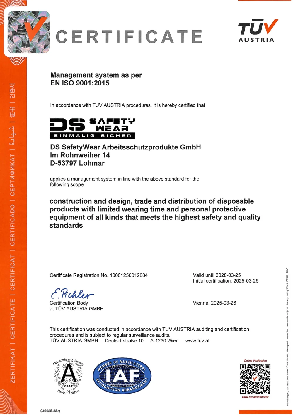 Certificate of TÜV AUSTRIA GMBH for the management system to EN ISO 9001:2015 of DS SafetyWear Arbeitsschutzprodukte GmbH, valid until 25 March 2028
