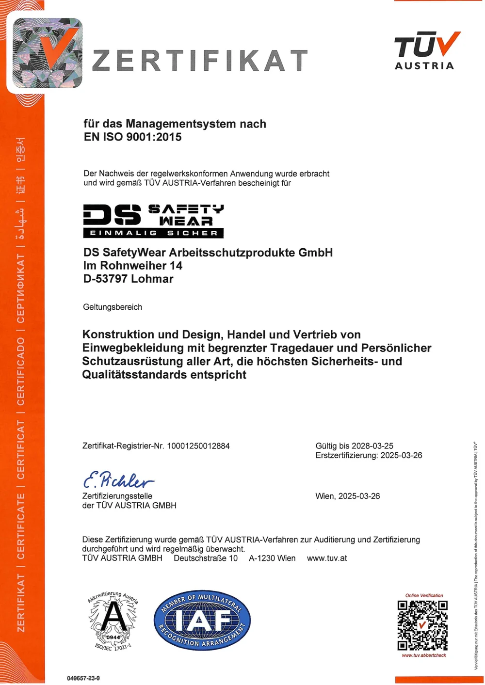 Zertifikat der TÜV AUSTRIA GMBH für das Managementsystem nach EN ISO 9001:2015 der DS SafetyWear Arbeitsschutzprodukte GmbH, gültig bis 25.03.2028